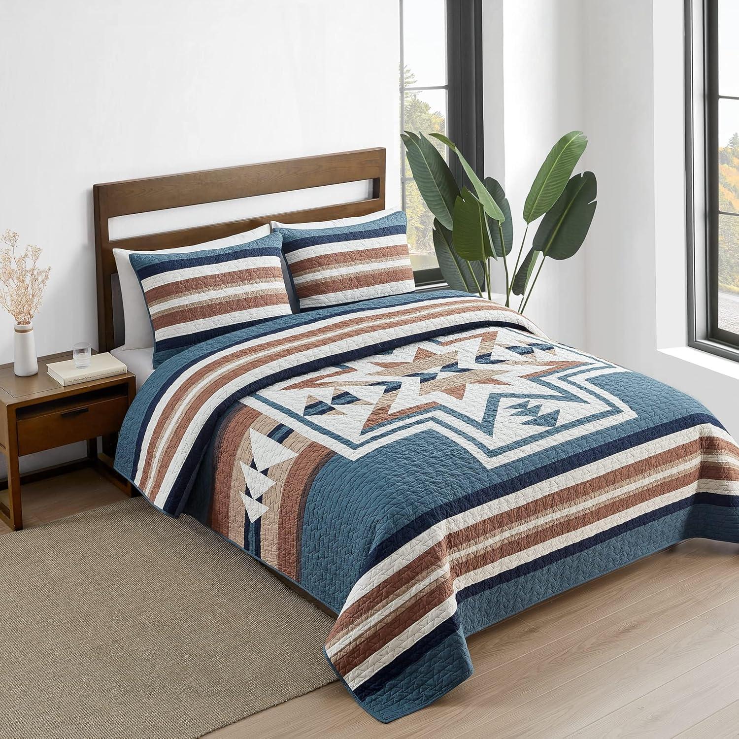 imagePendleton Bridge Creek FullQueen Quilt Bedding Set 3Piece Stripe Patterned Lightweight Coverlet ampamp Pillow Shams Reversible 100 Cotton Tan03 Blue Mirage
