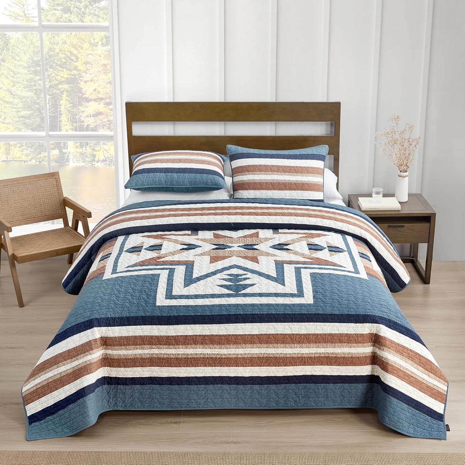 imagePendleton Bridge Creek FullQueen Quilt Bedding Set 3Piece Stripe Patterned Lightweight Coverlet ampamp Pillow Shams Reversible 100 Cotton TanBlue Mirage