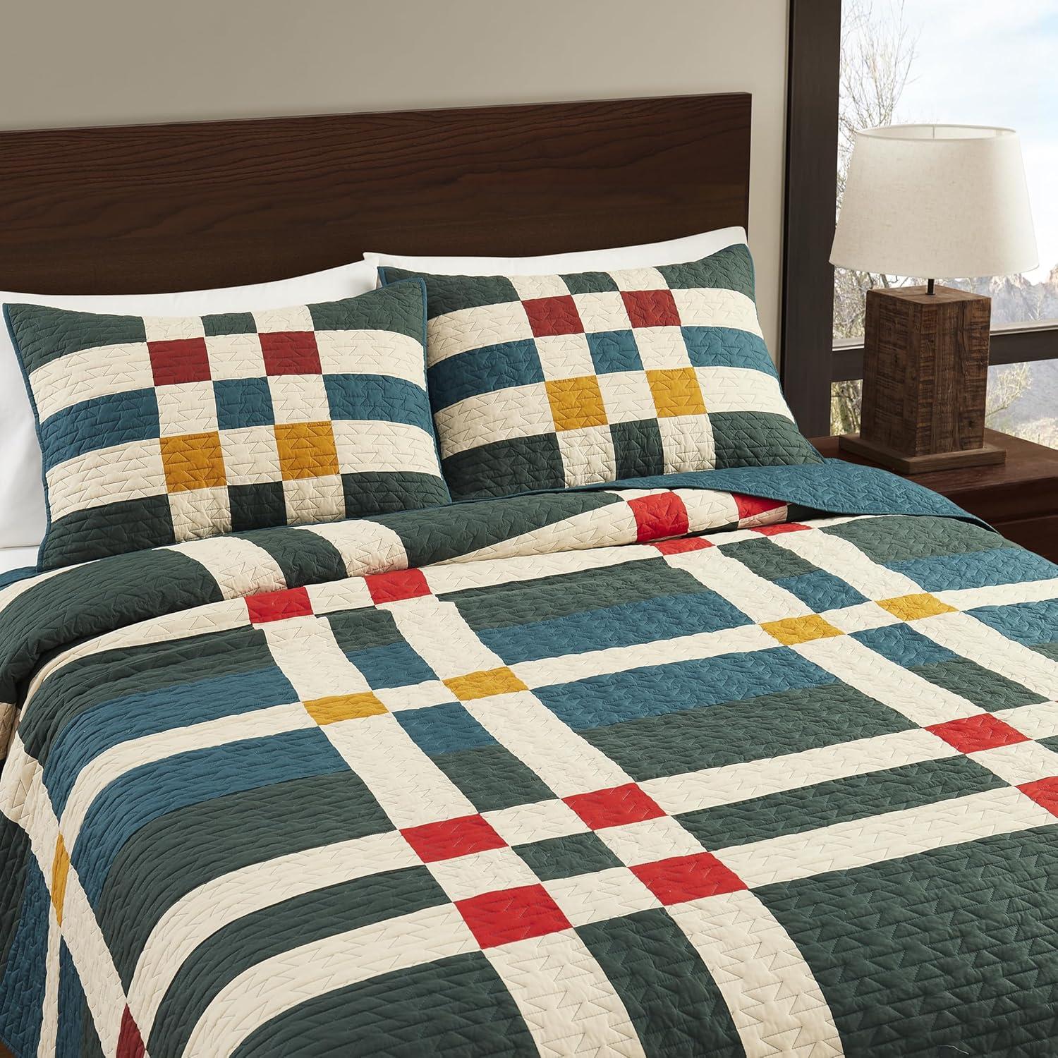 imagePendleton Shadow Peak FullQueen Lightweight Quilt Set Soft Cotton Bedding Cover Rustic Home Decor Luxury Coverlet Cozy Quilt and Pillow Shams Set FullQueen BlackFour Square