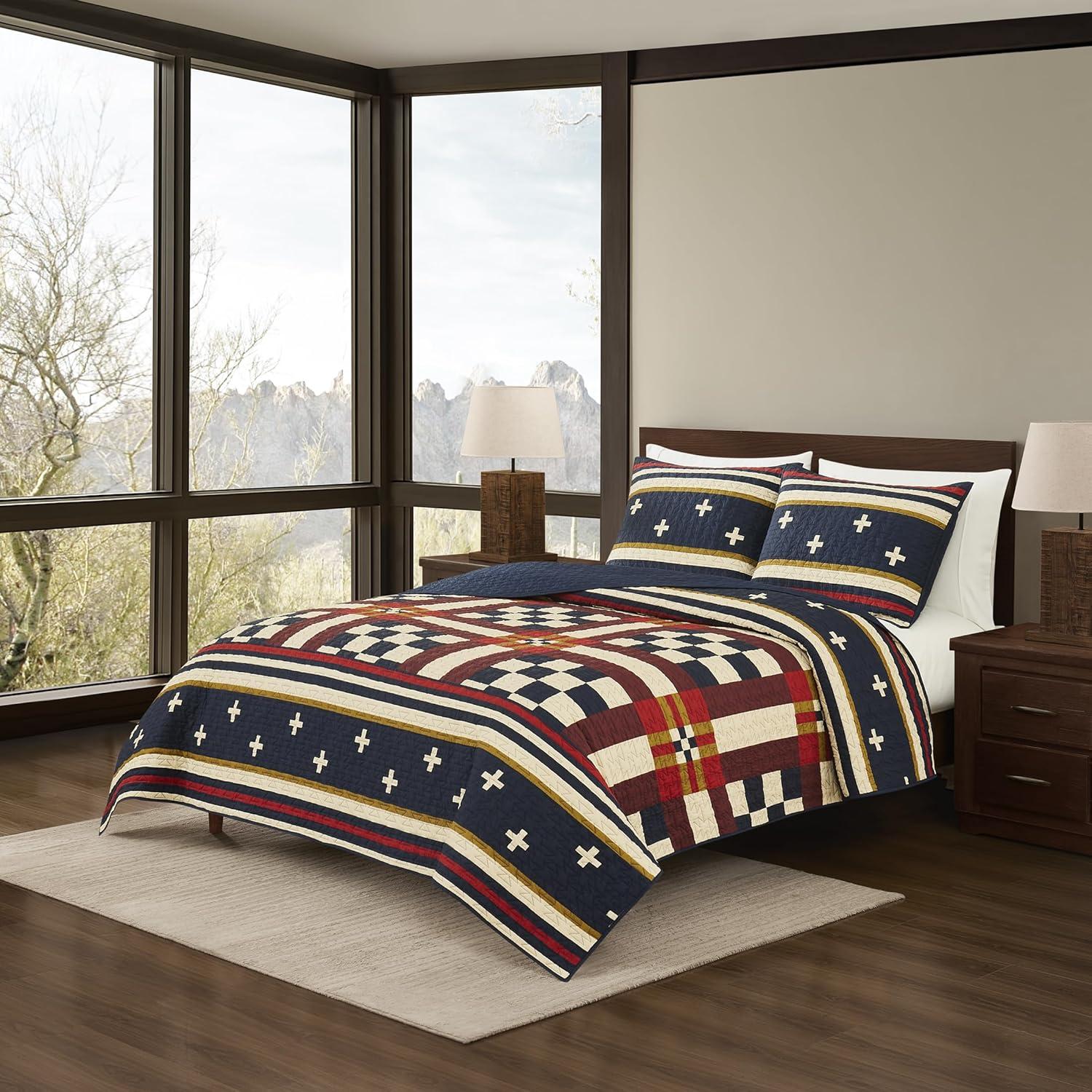 imagePendleton Shadow Peak FullQueen Lightweight Quilt Set Soft Cotton Bedding Cover Rustic Home Decor Luxury Coverlet Cozy Quilt and Pillow Shams Set FullQueen BlackScout Stripe