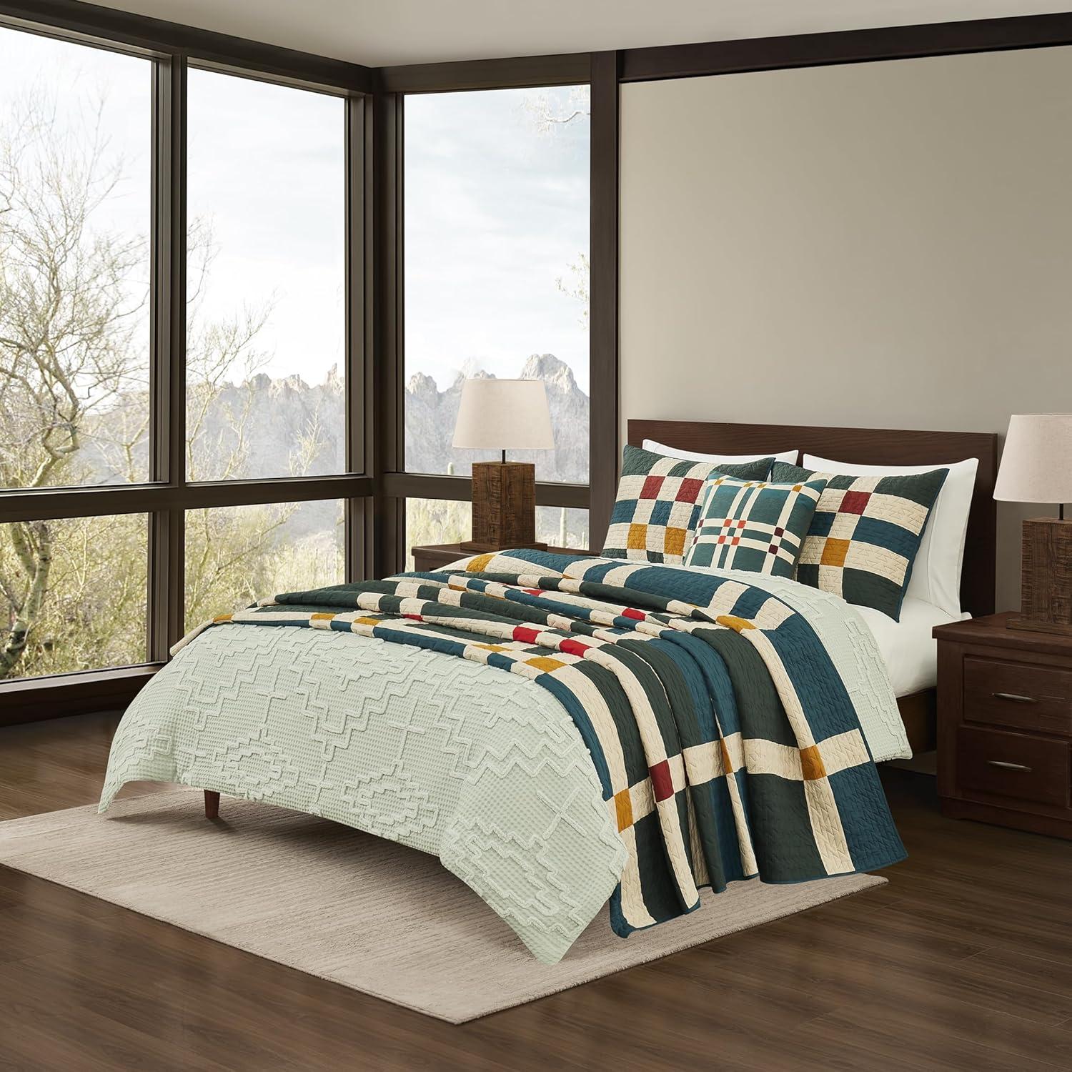 imagePendleton Shadow Peak FullQueen Lightweight Quilt Set Soft Cotton Bedding Cover Rustic Home Decor Luxury Coverlet Cozy Quilt and Pillow Shams Set FullQueen BlackFour Square