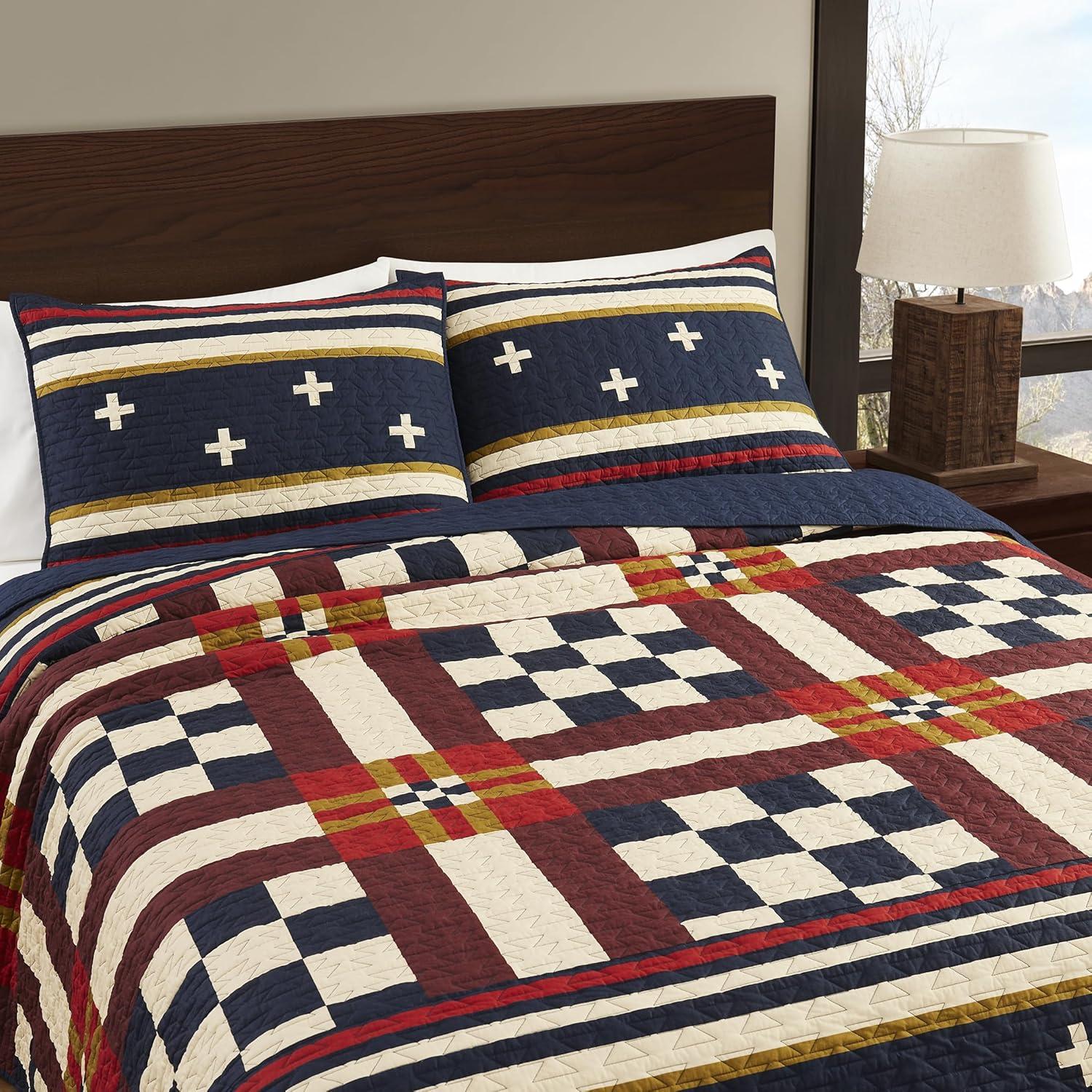 imagePendleton Shadow Peak FullQueen Lightweight Quilt Set Soft Cotton Bedding Cover Rustic Home Decor Luxury Coverlet Cozy Quilt and Pillow Shams Set FullQueen BlackScout Stripe