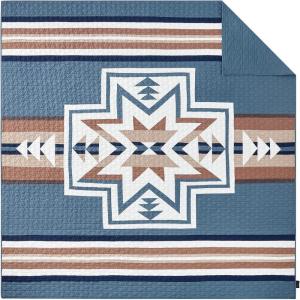 Pendleton Bridge Creek Full/Queen Quilt Bedding Set – 3-Piece Stripe Patterned Lightweight Coverlet & Pillow Shams, Reversible, 100% Cotton, Tan(02 Blue Mirage)