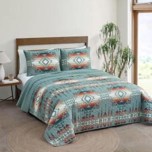 Pendleton Bridge Creek Full/Queen Quilt Bedding Set – 3-Piece Stripe Patterned Lightweight Coverlet & Pillow Shams, Reversible, 100% Cotton, Tan(Green)