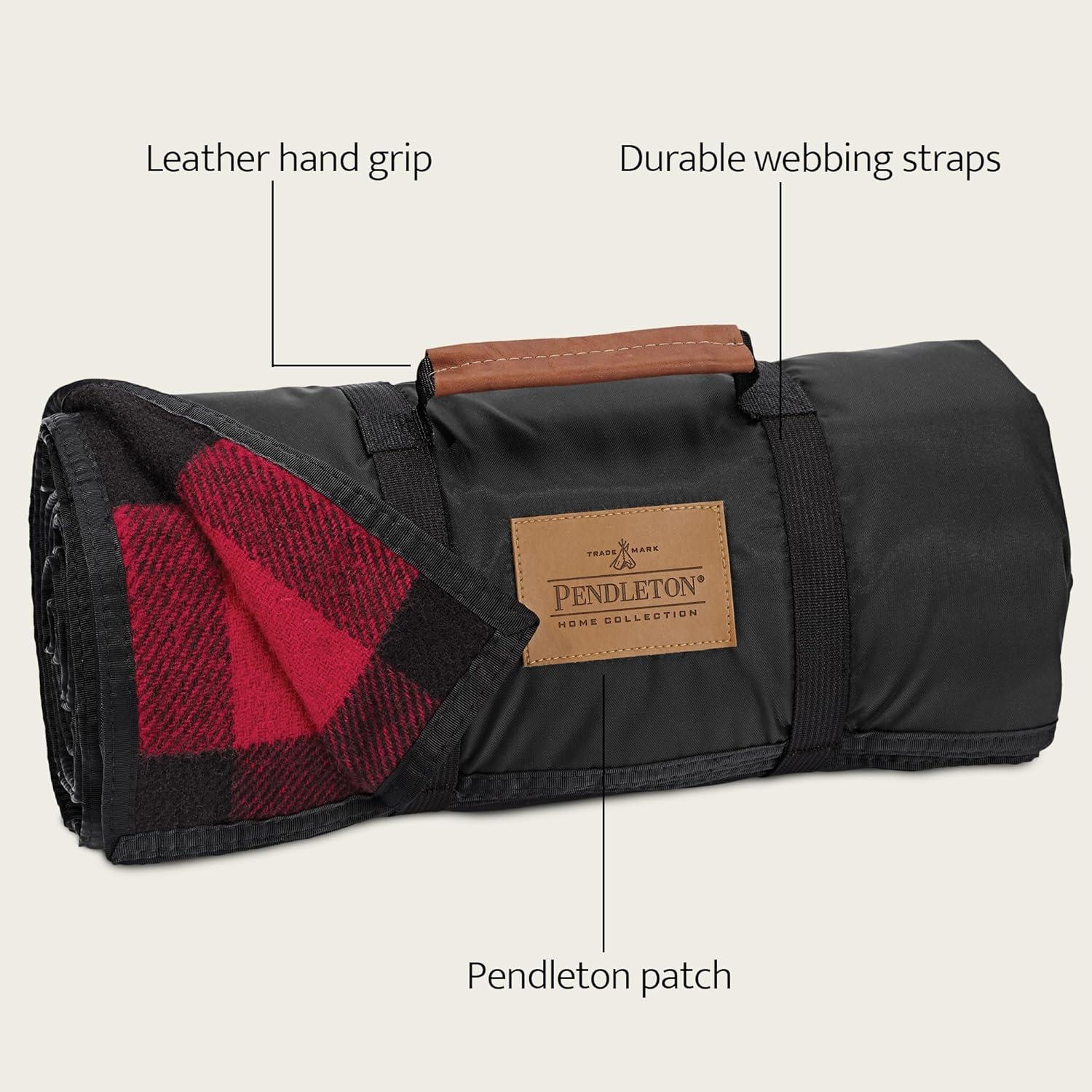 imagePendleton RollUp Travel Blanket 60 x 70 Durable Wool Blanket with a Waterproof Nylon Backing Portable for Travel Camping and Picnics with Leather Handle Grip and Patch