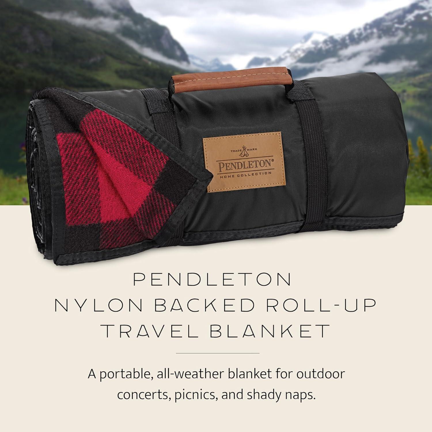 imagePendleton RollUp Travel Blanket 60 x 70 Durable Wool Blanket with a Waterproof Nylon Backing Portable for Travel Camping and Picnics with Leather Handle Grip and Patch