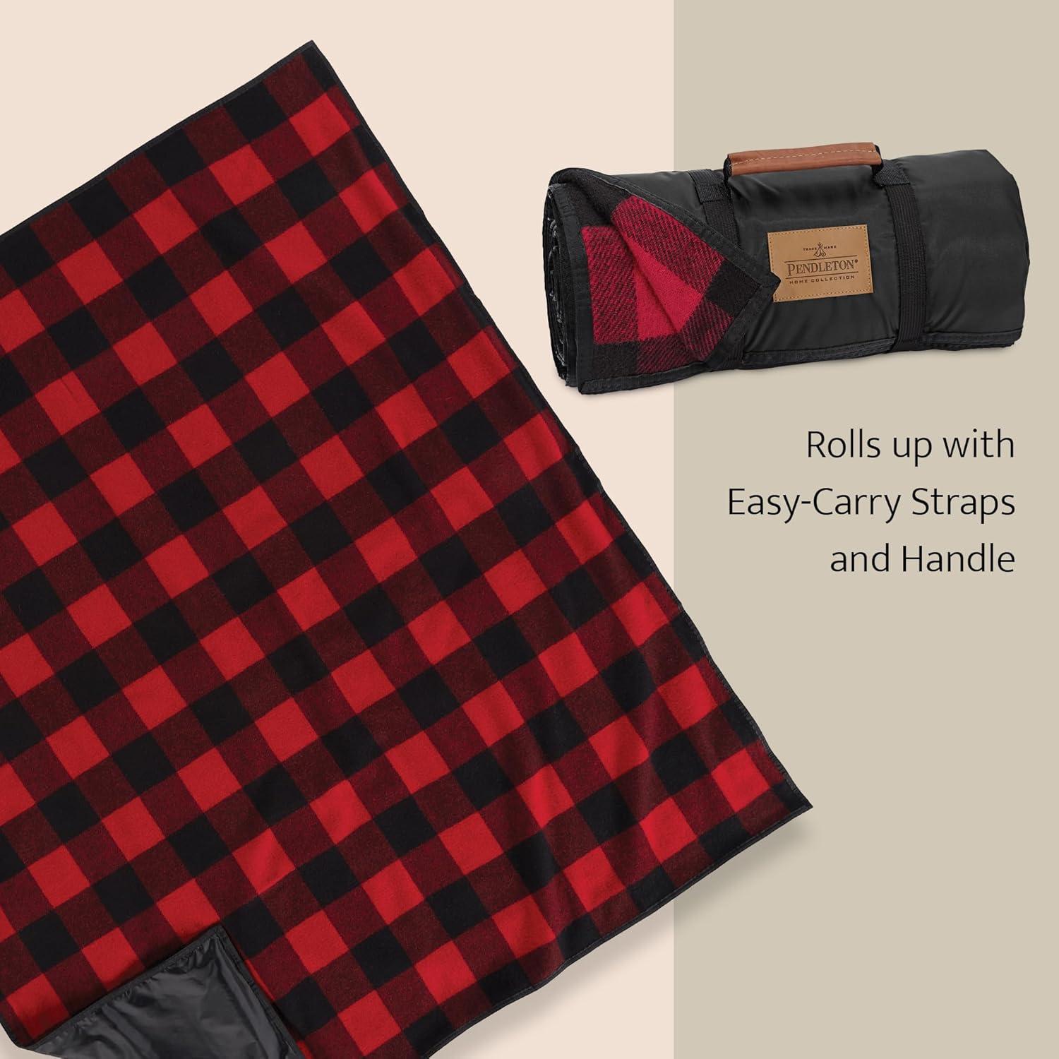 imagePendleton RollUp Travel Blanket 60 x 70 Durable Wool Blanket with a Waterproof Nylon Backing Portable for Travel Camping and Picnics with Leather Handle Grip and Patch