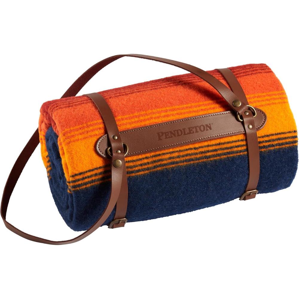 imagePendleton National Park Throw with Leather Carrier 54quot x 72quot  Premium Wool Throw Iconic Stripes Durable Blanket for Home ampamp Outdoor Adventures  Joshua TreeGrand Canyon Navy