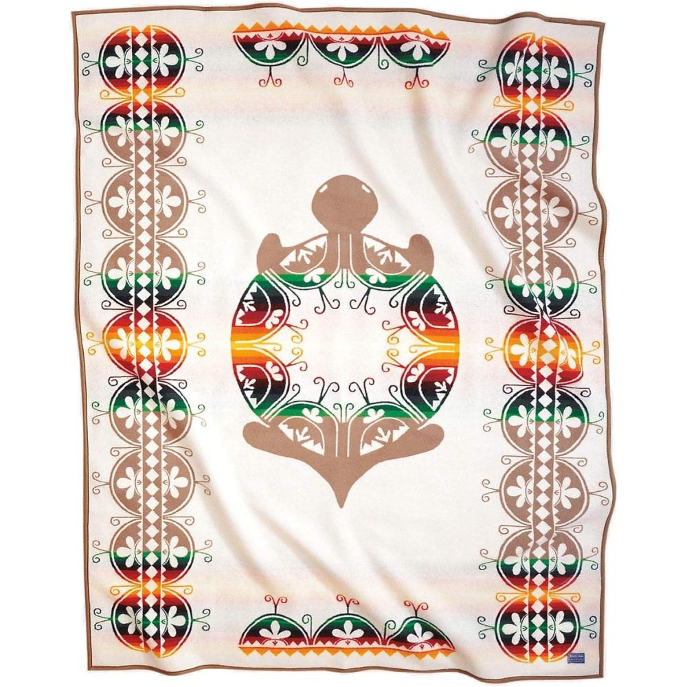 imagePendleton The Legendary Collection Jacquard Robe Blanket 64quot x 80quot Wool Cotton Throw Blanket Reversible Wool Felt Binding Breathable Napped Great for Home and Travel Circle of Life KhakiCreation Turtle