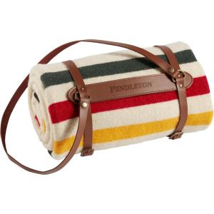 Pendleton National Park Throw with Leather Carrier 54″ x 72″ – Premium Wool Throw, Iconic Stripes, Durable Blanket for Home & Outdoor Adventures – Joshua Tree(Glacier)