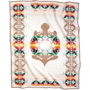 Pendleton The Legendary Collection Jacquard Robe Blanket – 64″ x 80″, Wool Cotton Throw Blanket, Reversible, Wool Felt Binding, Breathable, Napped, Great for Home and Travel – Circle of Life Khaki(Creation Turtle)