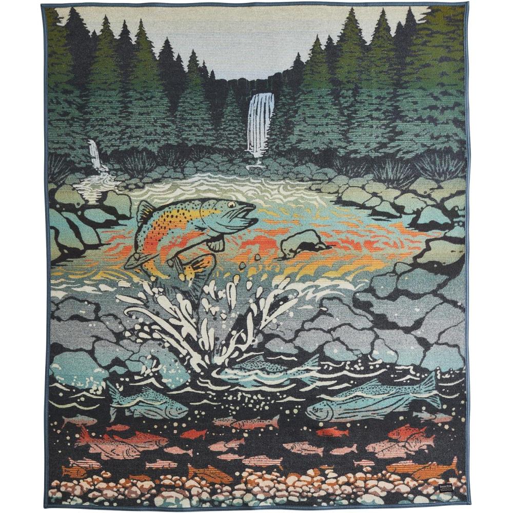 imagePendleton Jacquard Napped Throw Blanket 64quot x 80quot Wool Cotton Reversible Lightweight Soft Wool Felt Binding Packable Blanket for Home and Travel Big Medicine OxfordSalmon Falls