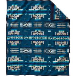 Pendleton Chief Joseph Jacquard Wool Blanket 64″ x 80″, Reversible Throw Blanket, Wool Felt Binding, Breathable, Napped for Softness, Great for Home and Travel(Chief Joseph  Aegean)