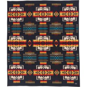 Pendleton Chief Joseph Jacquard Wool Blanket 64″ x 80″, Reversible Throw Blanket, Wool Felt Binding, Breathable, Napped for Softness, Great for Home and Travel(Black)