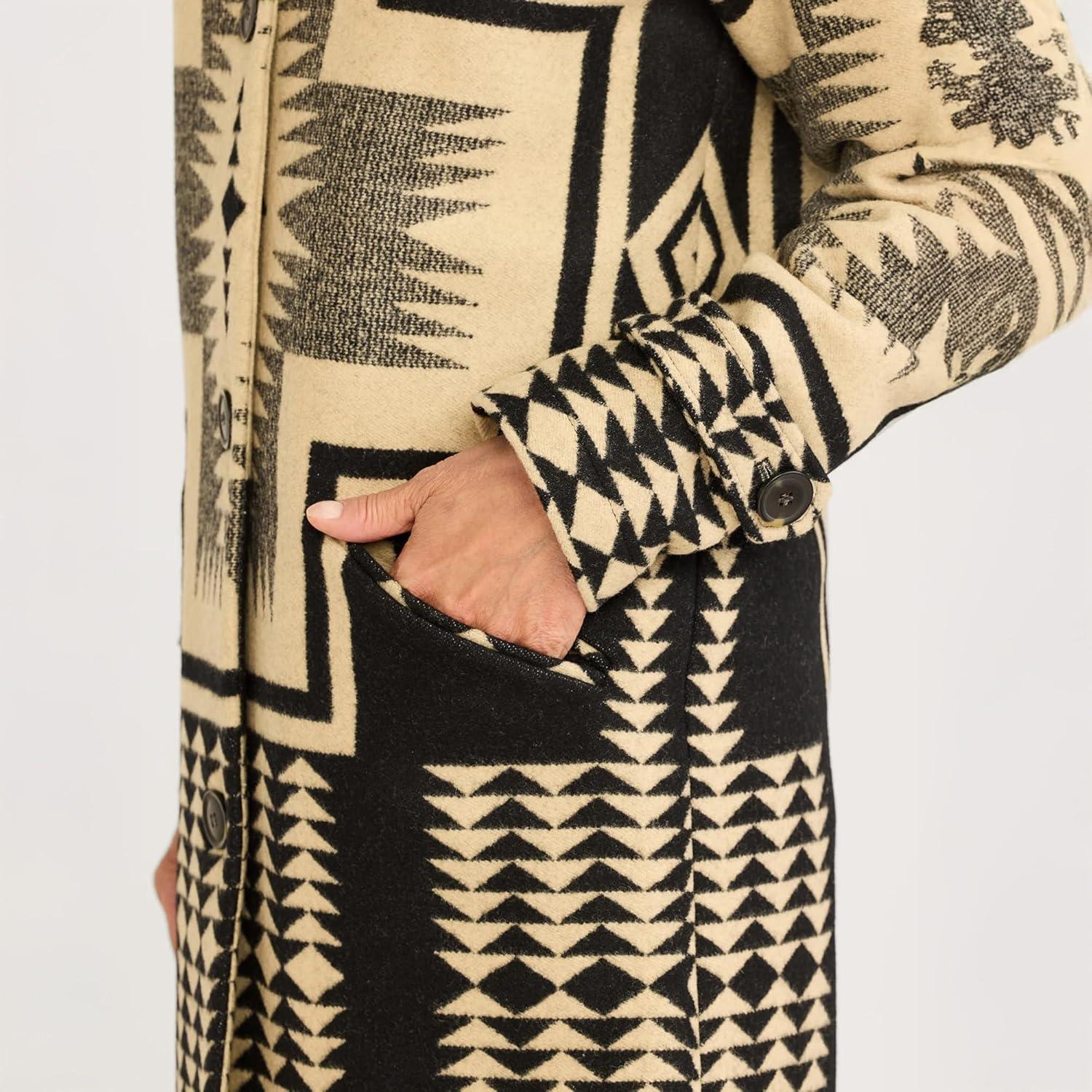 imagePendleton Womens Timberline Wool Coat BlanketWeight Long Coat with Raglan Sleeves Front Pockets ButtonTab Cuff Unlined with Taped Seams Dry Clean Made in USA BlackTan Harding