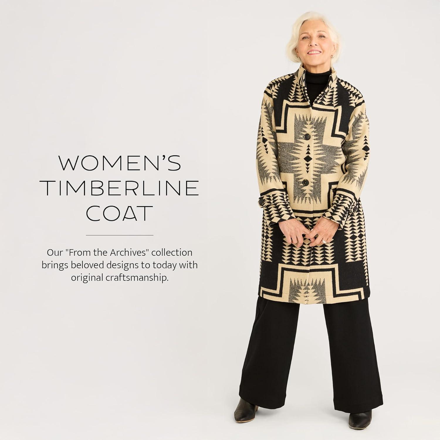 imagePendleton Womens Timberline Wool Coat BlanketWeight Long Coat with Raglan Sleeves Front Pockets ButtonTab Cuff Unlined with Taped Seams Dry Clean Made in USA BlackTan Harding