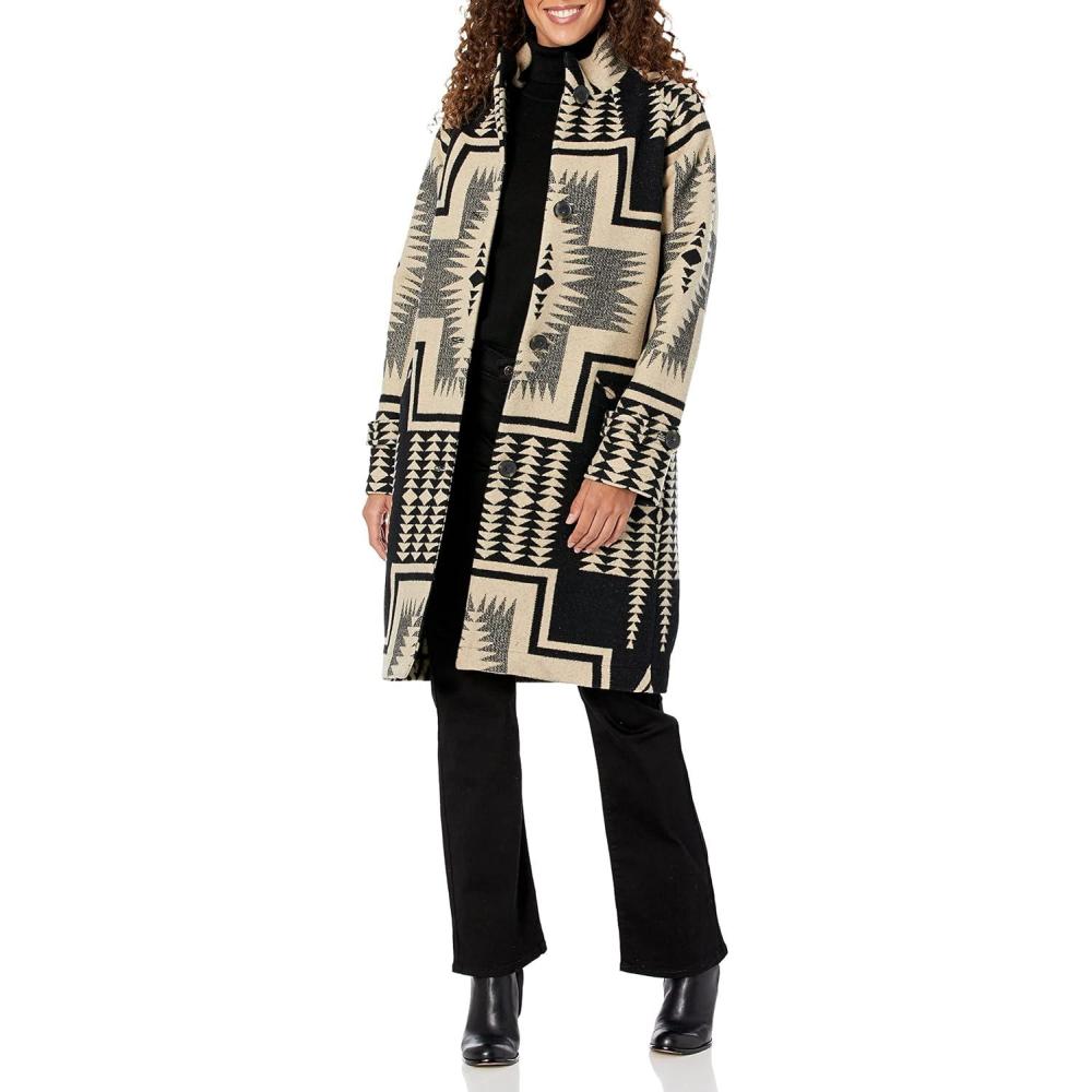 imagePendleton womens Timberline Jacquard Wool CoatBlackTan Harding