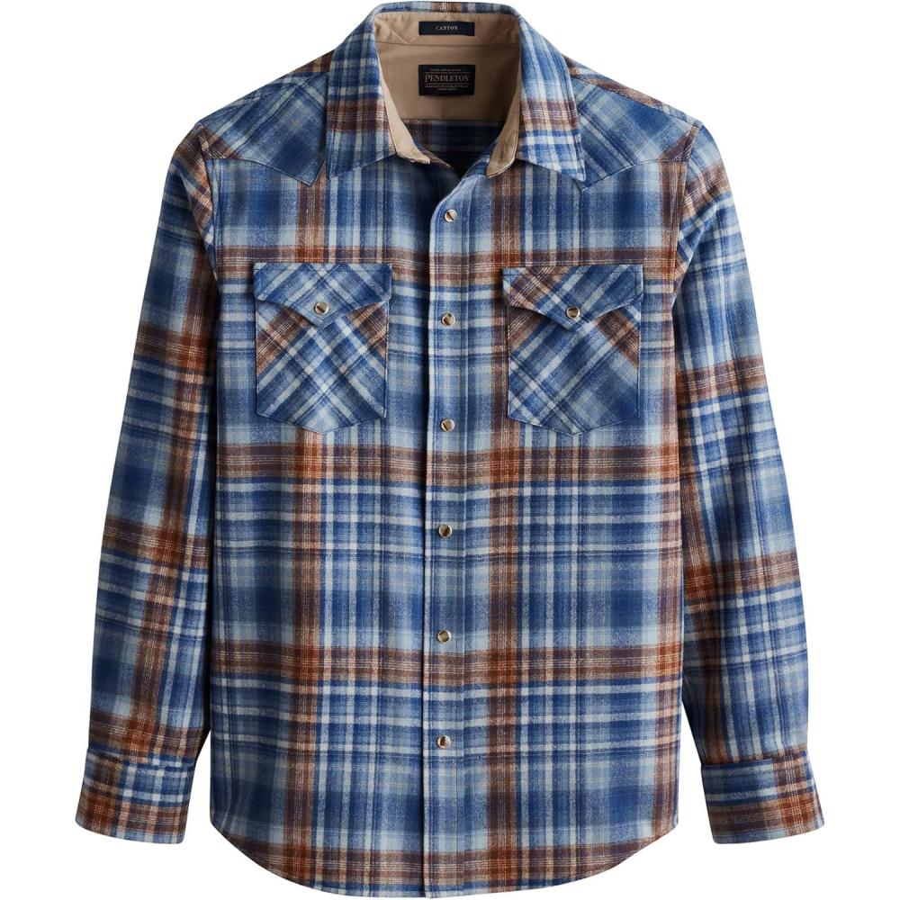 imagePendleton Canyon Mens Shirt Long Sleeve Flannel Shirt 100 Virgin Wool Regular FitBlueTan Ombre
