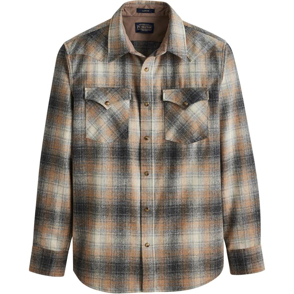 imagePendleton Canyon Mens Shirt Long Sleeve Flannel Shirt 100 Virgin Wool Regular FitGrey MixTan Mix Plaid