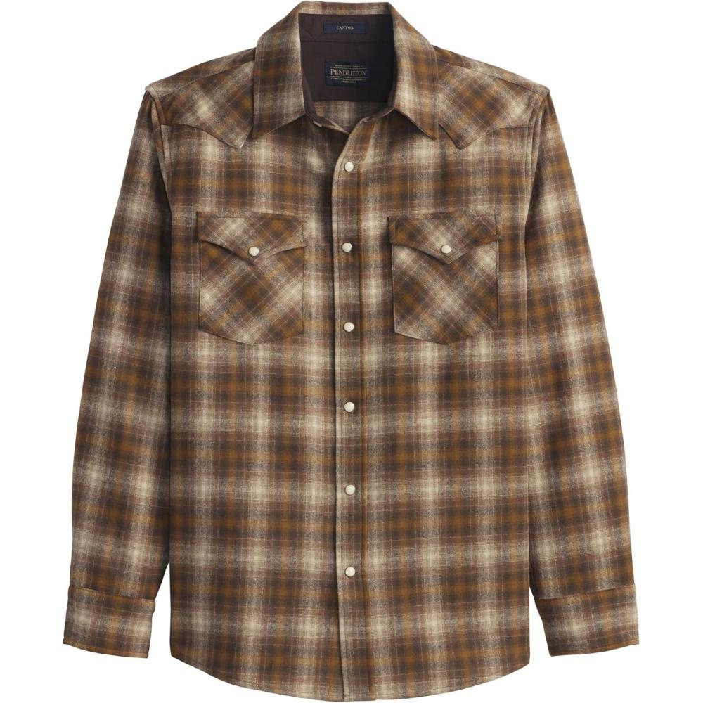 imagePendleton Canyon Mens Shirt Long Sleeve Flannel Shirt 100 Virgin Wool Regular FitTaupeGold Plaid