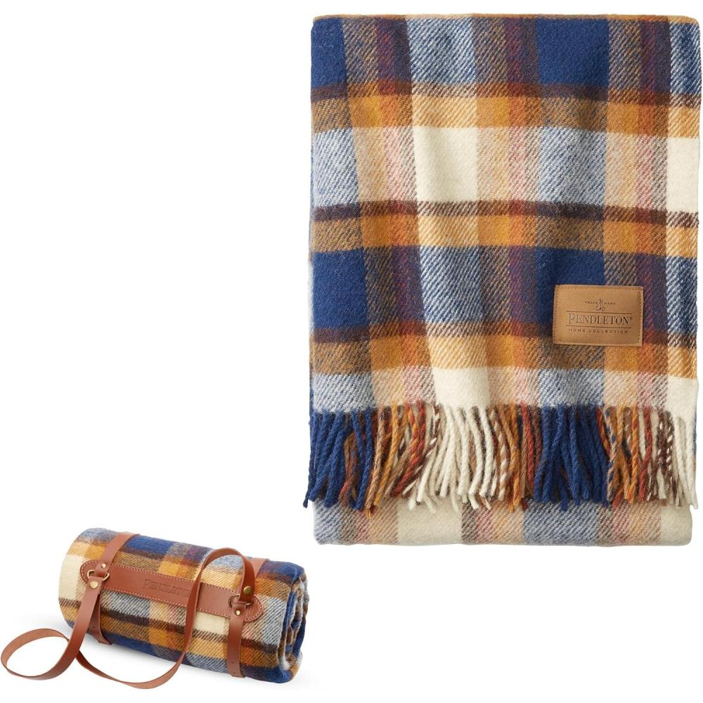 imagePendleton Wool Blanket  Camping Blanket with Leather Strap Carrier  Plaid Soft Virgin Wool Backpacking Blanket for Warmth and Comfort Outdoor Adventures Travel Picnics and Cozy Home ComfortSteens Mountain