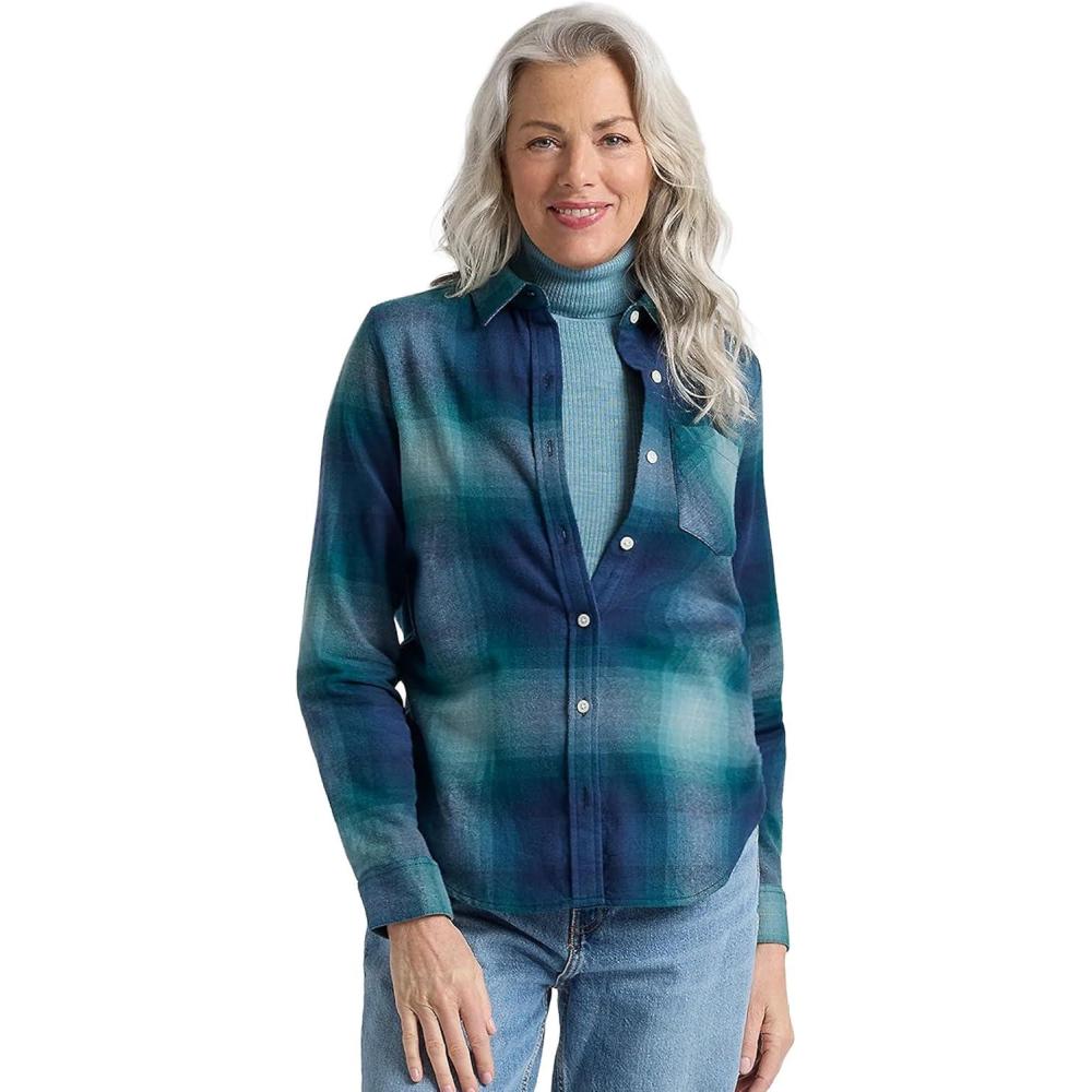 imagePendleton Womens Relaxed Flannel Shirt 100 Soft Cotton Long SleeveTeal Ombre
