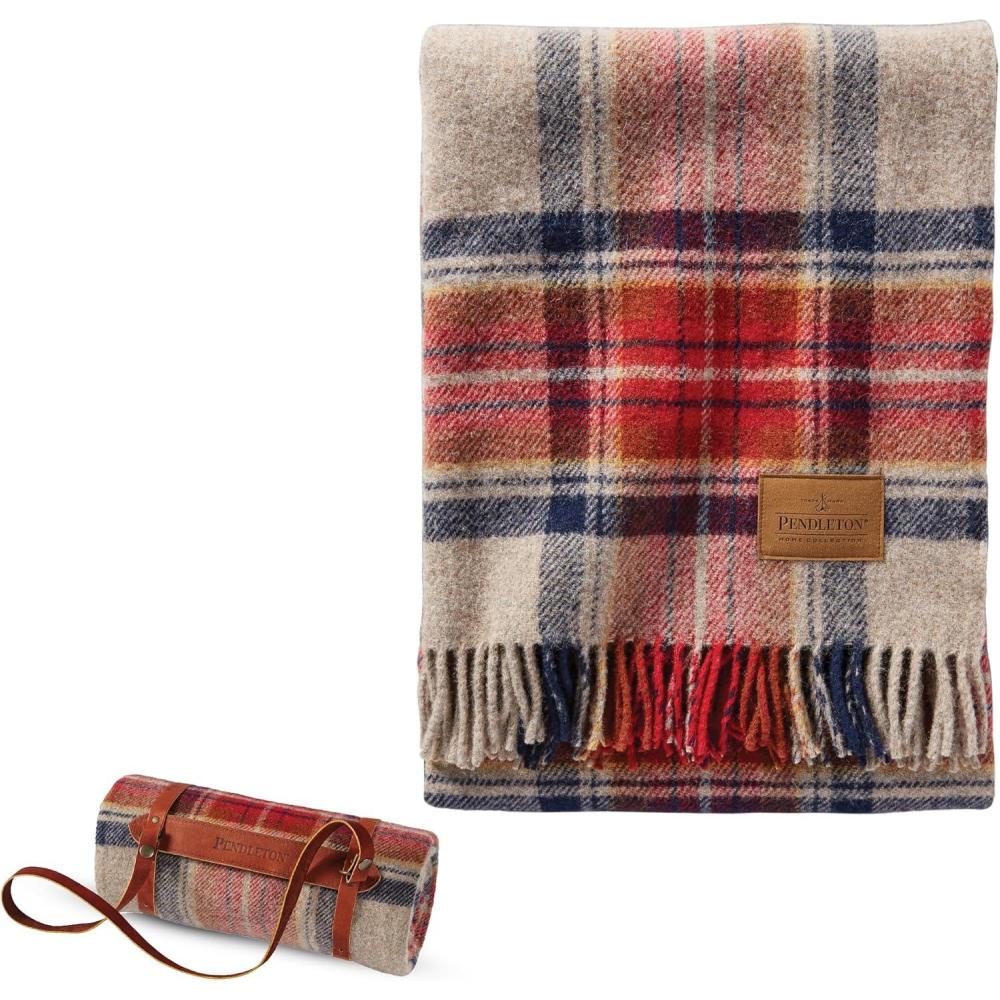 imagePendleton Wool Blanket Camping Blanket with Leather Strap Carrier Plaid Soft Virgin Wool Backpacking Blanket for Warmth and Comfort Outdoor Adventures Travel Picnics and Cozy Home ComfortVintage Dress Stewart