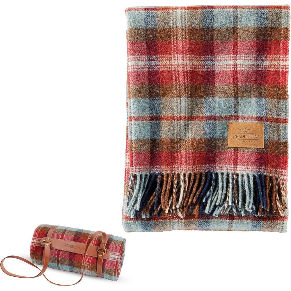 imagePendleton Wool Blanket Camping Blanket with Leather Strap Carrier Plaid Soft Virgin Wool Backpacking Blanket for Warmth and Comfort Outdoor Adventures Travel Picnics and Cozy Home ComfortRuby Beach