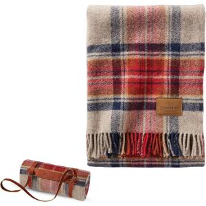 Pendleton Wool Blanket – Camping Blanket with Leather Strap Carrier – Plaid, Soft, Virgin Wool, Backpacking Blanket for Warmth and Comfort, Outdoor Adventures, Travel, Picnics, and Cozy Home Comfort(Vintage Dress Stewart)