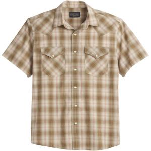 Pendleton Men’s Short Sleeve Frontier Shirt, Cotton Polyester Short Sleeve, Machine Washable(Tan/Red Plaid)