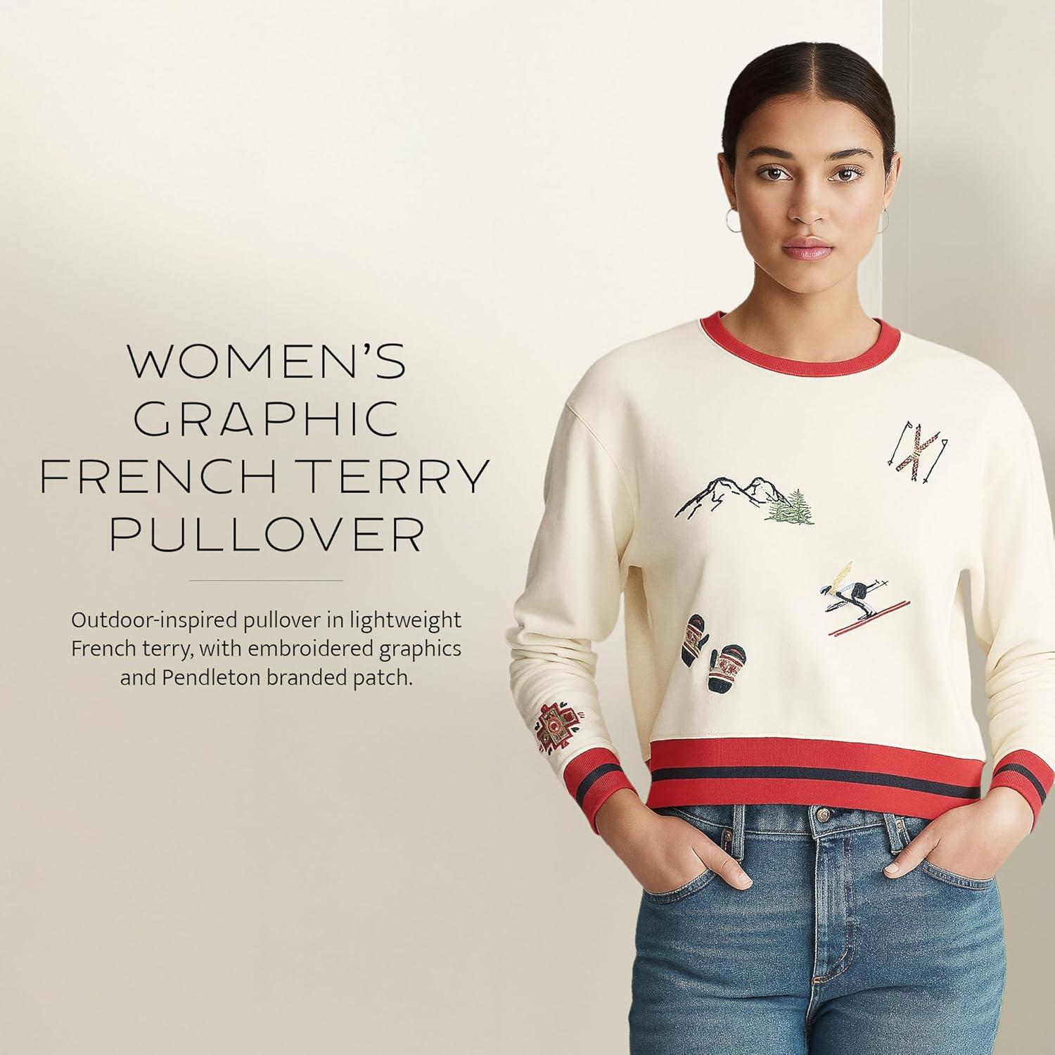 image:imagePendleton Womens Embroidered Graphic French Terry Sweater 100 Cotton Lightweight Knit Classic CrewneckIvory