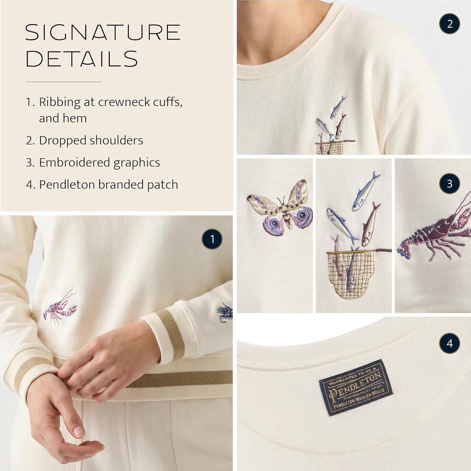 image:imagePendleton Womens Embroidered Graphic French Terry Sweater 100 Cotton Lightweight Knit Classic CrewneckIvory Coastal