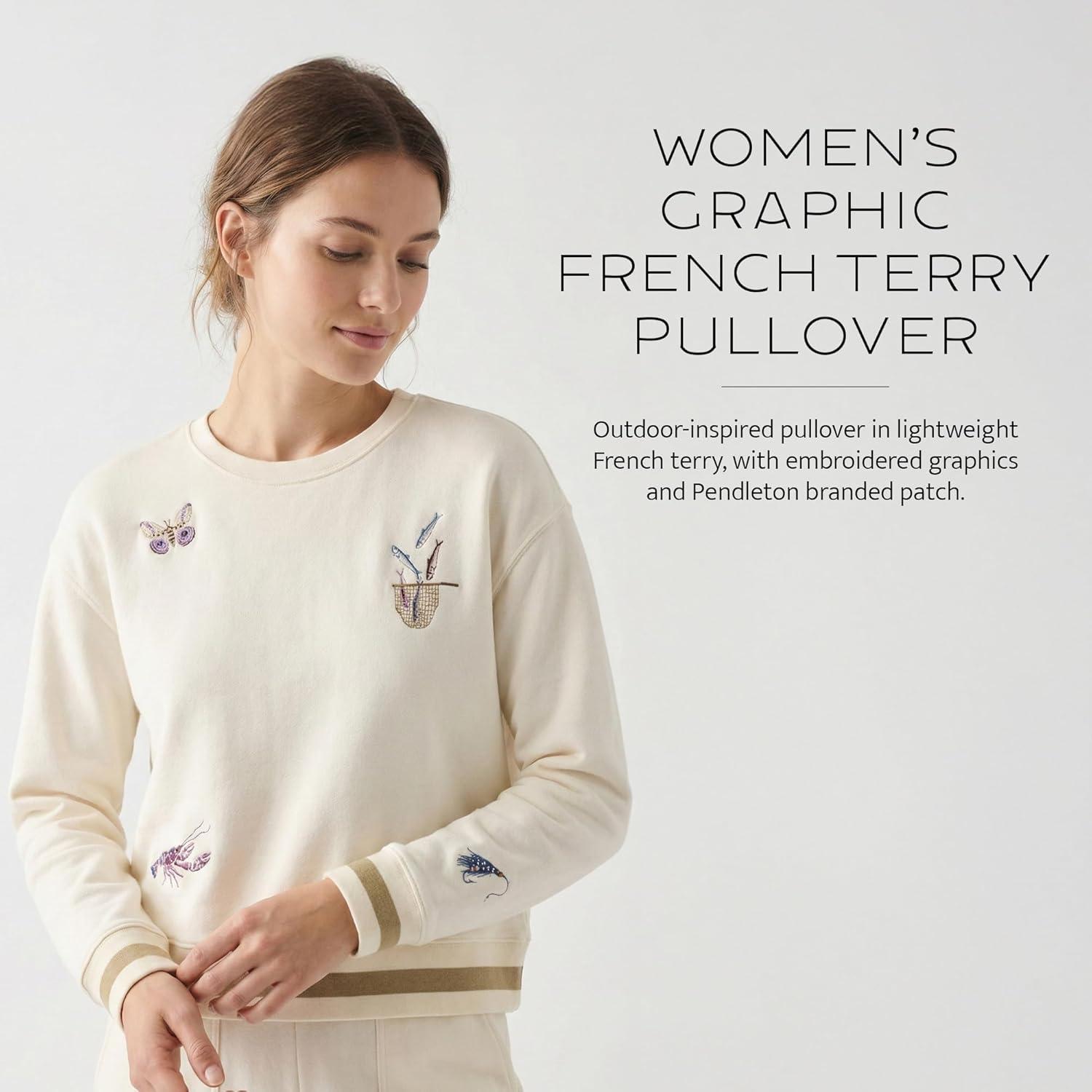 image:imagePendleton Womens Embroidered Graphic French Terry Sweater 100 Cotton Lightweight Knit Classic CrewneckIvory Coastal