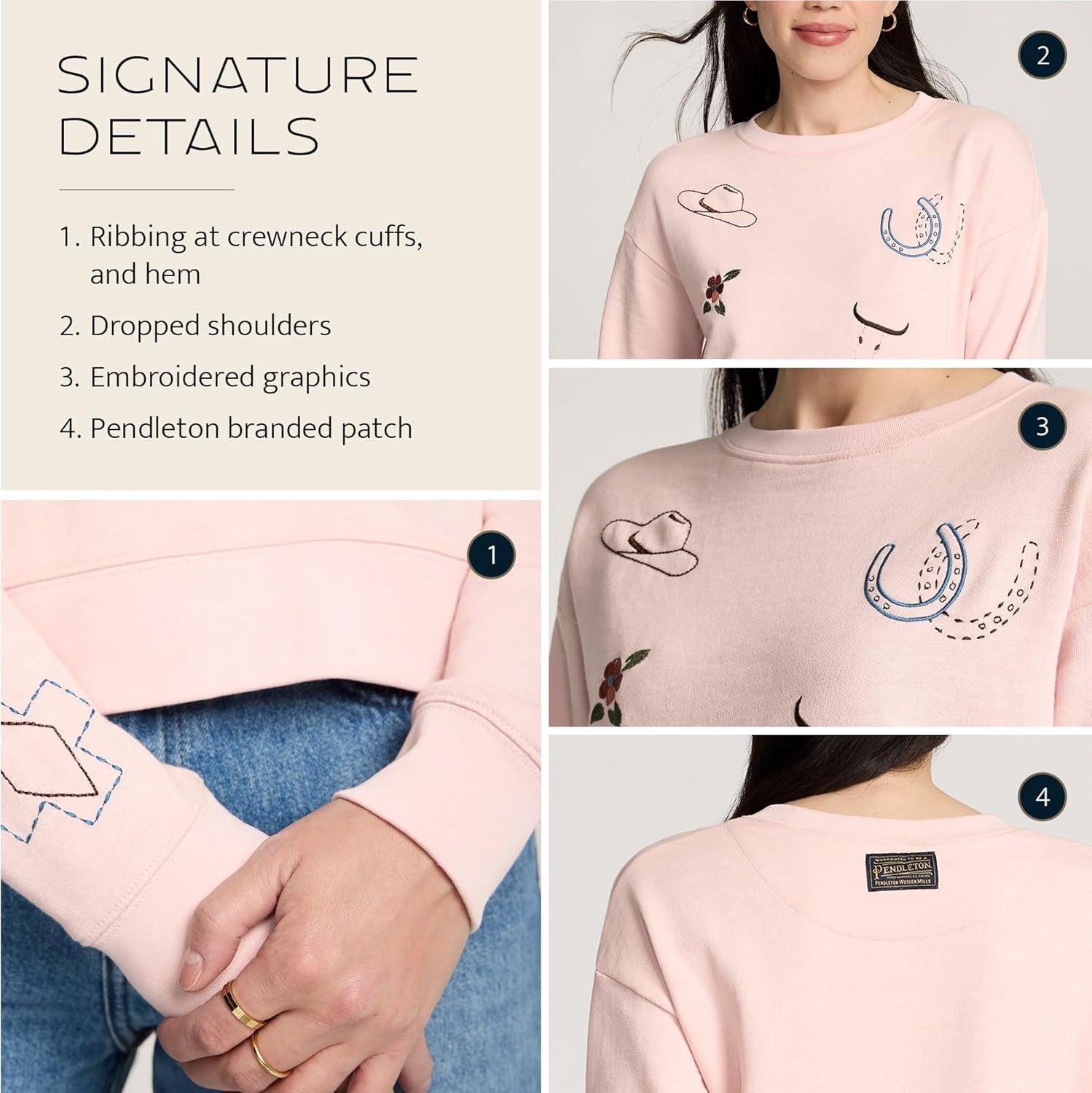 image:imagePendleton Womens Embroidered Graphic French Terry Sweater 100 Cotton Lightweight Knit Classic CrewneckSoft Rose