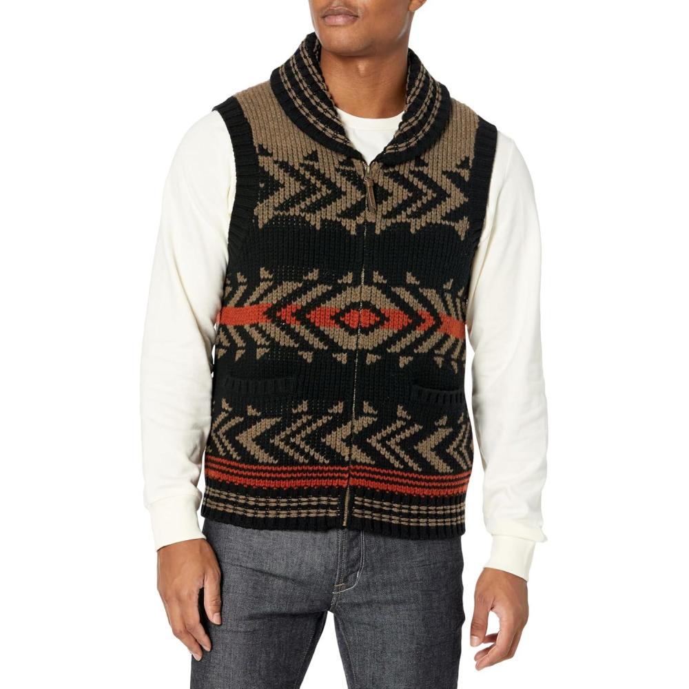 image:imagePendleton Mens Peak Stripe Lambswool VestPeak Stripe Peat BrownBlkRed