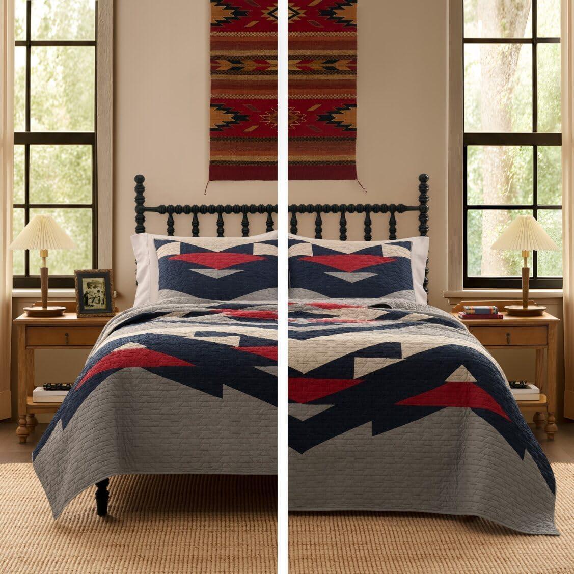 image:imagePendleton FullQueen Quilt Set 100 Cotton 3 Piece Quilt Set with Shams Soft Bedding for Queen Size Bed Gray amp Blue Patterned Comforter Alternative Queen Bedding Set Tecopa HillsGrey Blue Red