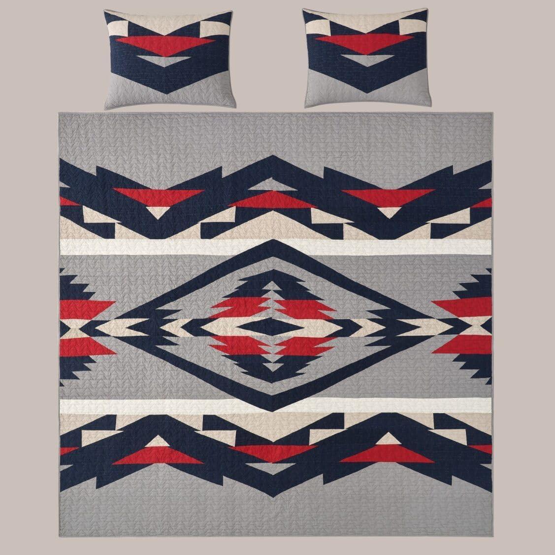 image:imagePendleton FullQueen Quilt Set 100 Cotton 3 Piece Quilt Set with Shams Soft Bedding for Queen Size Bed Gray amp Blue Patterned Comforter Alternative Queen Bedding Set Tecopa HillsGrey Blue Red