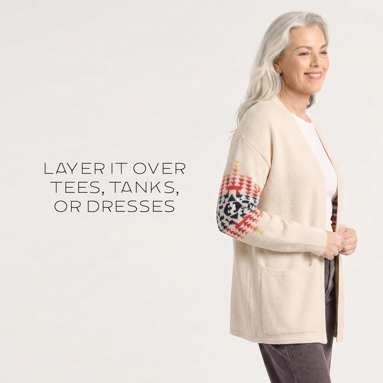 image:imagePendleton Sierra Spring Cardigan for Women Cotton Sweater with Harding Pattern Open Front 28 LengthNatural