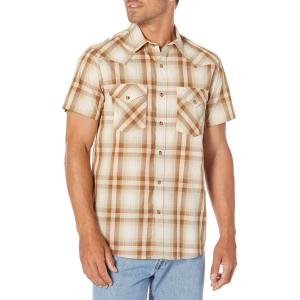 Pendleton Mens Short Sleeve Snap Front Frontier ShirtButton Down Shirt(Tan/Brown/Turquoise Plaid)