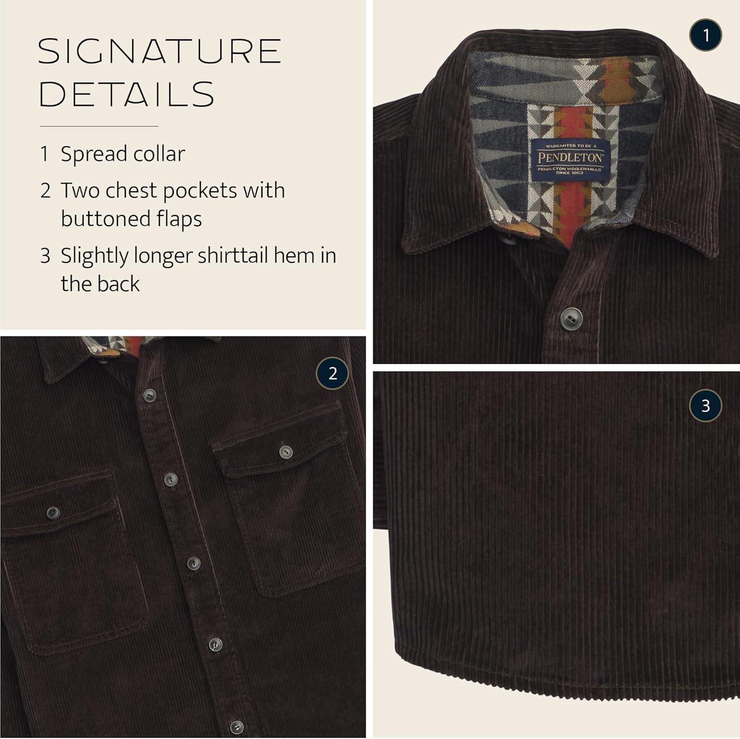 image:imagePendleton Belmont Corduroy Shirt for Men 100 Cotton Long Sleeve with Pockets DoubleSoft Chamois LiningCoffee