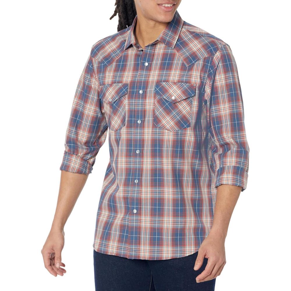 image:imagePendleton Mens Long Sleeve Snap Front Frontier ShirtButton Down ShirtIndigoFire Red Plaid