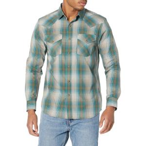 Pendleton Mens Long Sleeve Snap Front Frontier ShirtButton Down Shirt(Tan/Aegean/Gold Plaid)