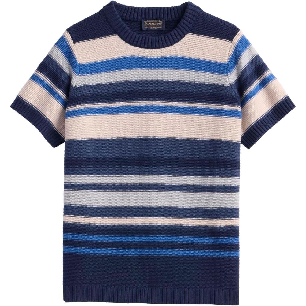 image:imagePendleton Womens Textured Striped Sweater  100 Cotton Crewneck Top Comfortable Short Sleeve Sweater with Ribbed CuffsNavyIvory Stripe