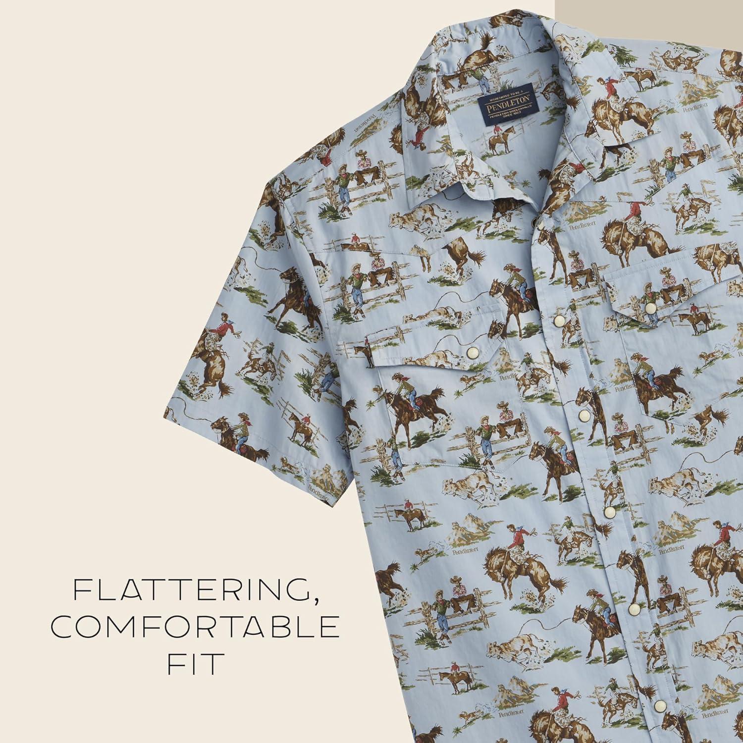 image:imagePendleton Mens Laramie SnapFront Breathable Cotton Short Sleeve Relaxed Fit Washable Summer ShirtWild Horse Blue