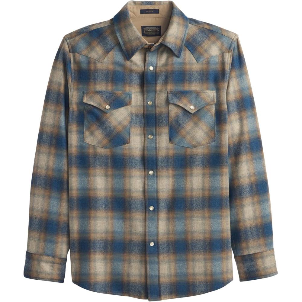 image:imagePendleton Canyon Mens Shirt Long Sleeve Flannel Shirt 100 Virgin Wool Regular FitTanGreyTurq Ombre