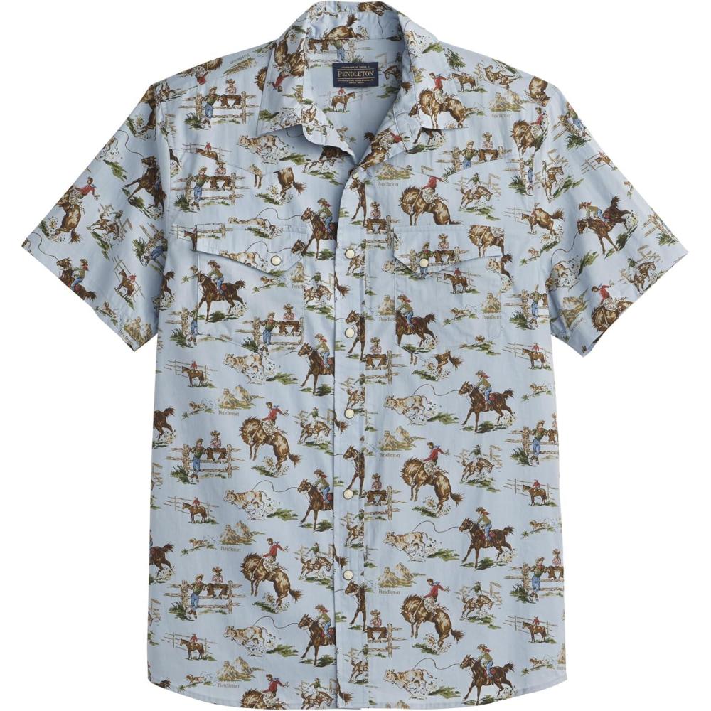 image:imagePendleton Mens Laramie SnapFront Breathable Cotton Short Sleeve Relaxed Fit Washable Summer ShirtWild Horse Blue