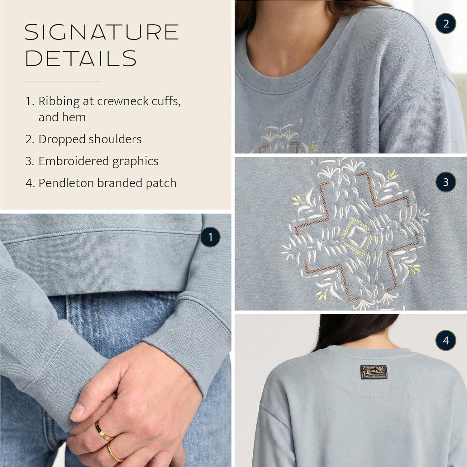 image:imagePendleton Womens Embroidered Graphic French Terry Sweater 100 Cotton Lightweight Knit Classic CrewneckSage