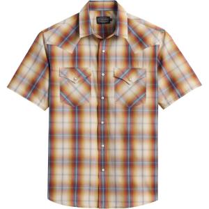 Pendleton Men’s Short Sleeve Frontier Shirt, Cotton Polyester Short Sleeve, Machine Washable(Tan/Blue/Rust Plaid)