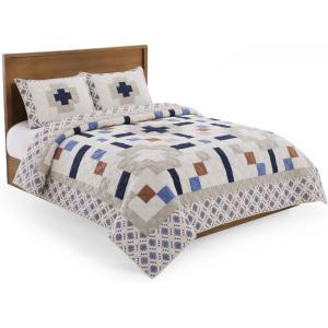 Pendleton King Quilt Set – 100% Cotton 3 Piece Quilt Set with Shams, Soft Lightweight Black and White Patch King Bedding Set for Home, Multi Pattern Comforter Alternative (Spider Rock)(White & Blue)