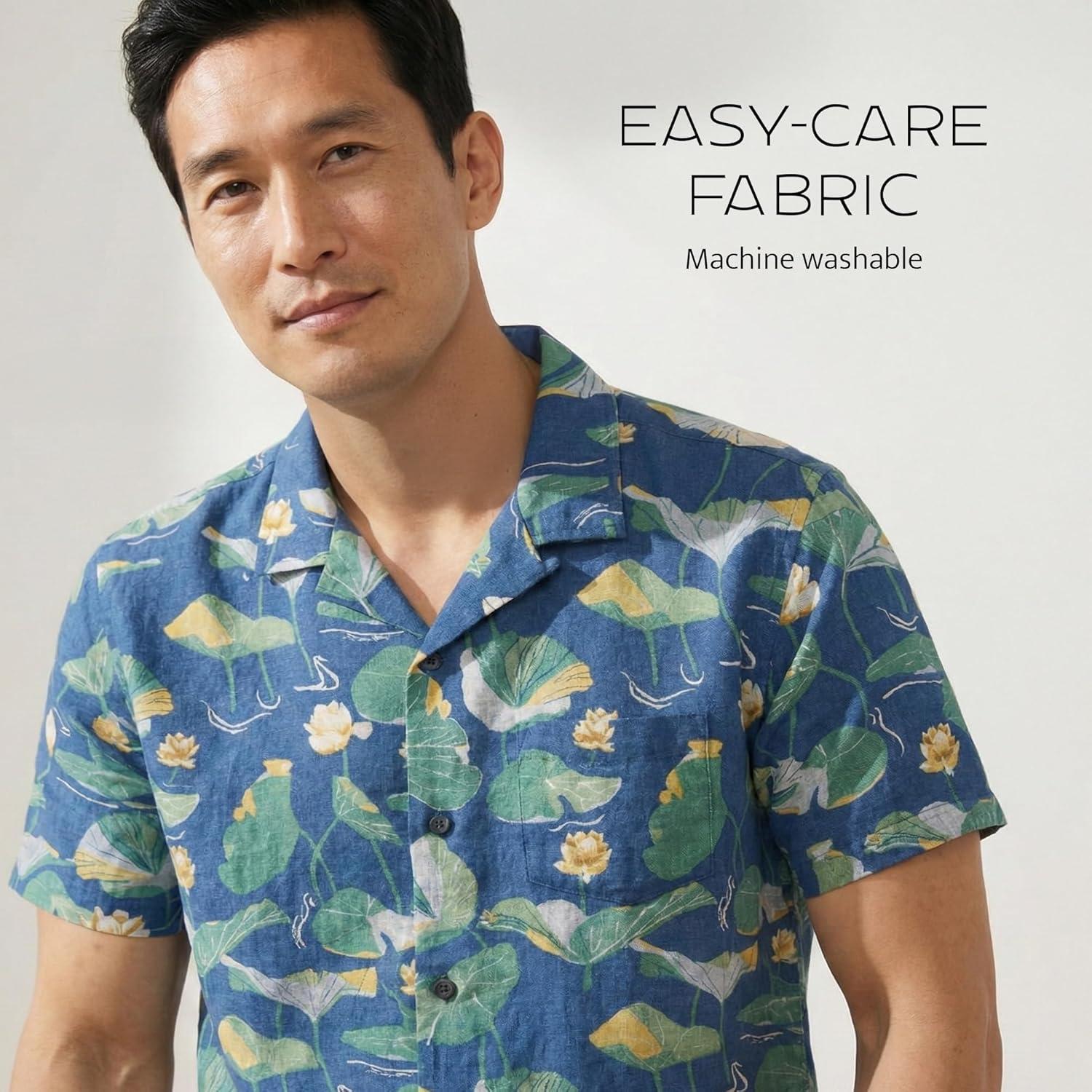 image:imagePendleton Mens Aloha Linen Camp Shirt Short Sleeve Button Up Sport Collar Untuck Fit WashableLily Pad Blue